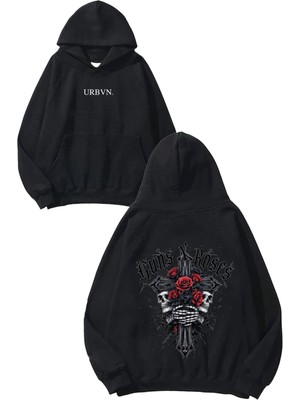 Urbvn Guns N Roses Rose Tasarım Baskılı Oversize Siyah Kapüşonlu Sweatshirt