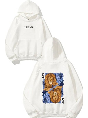 Urbvn King Leon Tasarım Baskılı Oversize Beyaz Kapüşonlu Sweatshirt