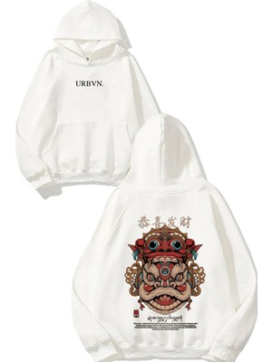 Urbvn Dragon China Tasarım Baskılı Oversize Beyaz Kapüşonlu Sweatshirt