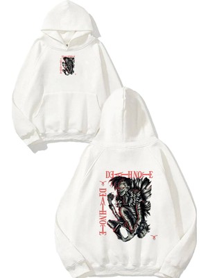 Urbvn Death Note Tasarım Baskılı Oversize Beyaz Kapüşonlu Sweatshirt