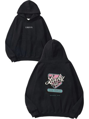 Urbvn Lucky Tasarım Baskılı Oversize Siyah Kapüşonlu Sweatshirt