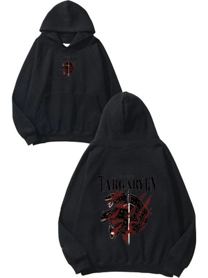 Urbvn House Targaryen Tasarım Baskılı Oversize Siyah Kapüşonlu Sweatshirt