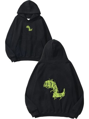Urbvn Dinasour Draw Tasarım Baskılı Oversize Siyah Kapüşonlu Sweatshirt