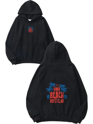 Urbvn Beach Boys Club Tasarım Baskılı Oversize Siyah Kapüşonlu Sweatshirt