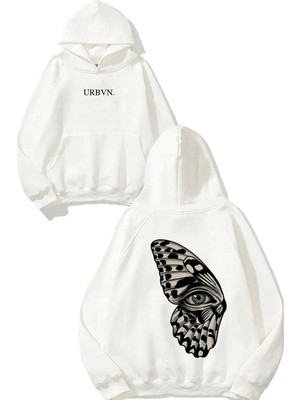 Urbvn Kanat Göz Tasarım Baskılı Oversize Beyaz Kapüşonlu Sweatshirt