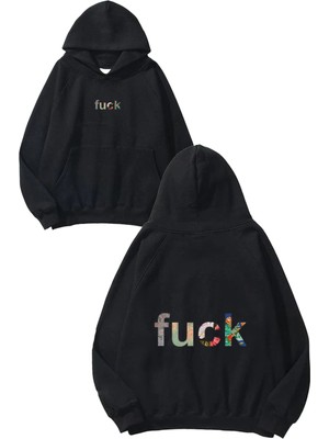 Urbvn F!ck Paint Tasarım Baskılı Oversize Siyah Kapüşonlu Sweatshirt