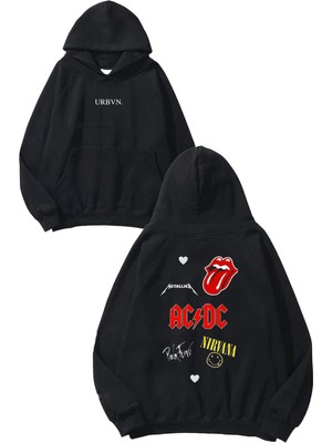 Urbvn Acdc 1 Tasarım Baskılı Oversize Siyah Kapüşonlu Sweatshirt