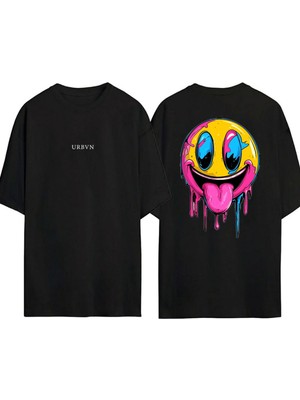 Urbvn Smile 5 Tasarım Baskılı Siyah Oversize T Shirt