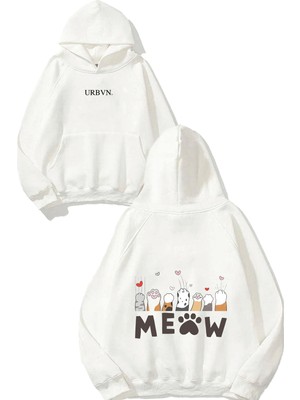 Urbvn Meow Tasarım Baskılı Oversize Beyaz Kapüşonlu Sweatshirt