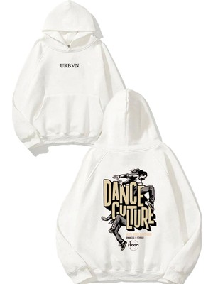 Urbvn Dance Culture Tasarım Baskılı Oversize Beyaz Kapüşonlu Sweatshirt