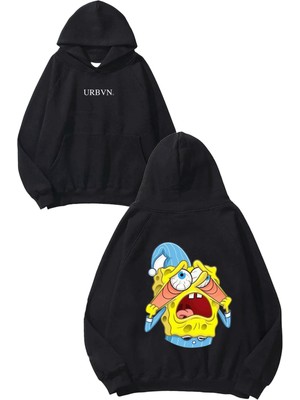 Urbvn Sleepy Spongebob Tasarım Baskılı Oversize Siyah Kapüşonlu Sweatshirt