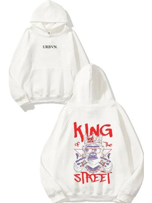 Urbvn King Street Tasarım Baskılı Oversize Beyaz Kapüşonlu Sweatshirt