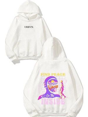 Urbvn Find Peace Tasarım Baskılı Oversize Beyaz Kapüşonlu Sweatshirt