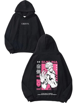 Urbvn Sukuna Tasarım Baskılı Oversize Siyah Kapüşonlu Sweatshirt
