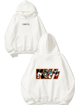 Urbvn Kiss Faces Tasarım Baskılı Oversize Beyaz Kapüşonlu Sweatshirt