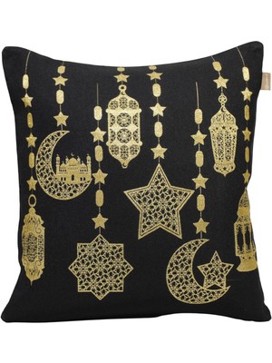Özbience Jakarlı Dokuma Siyah Simli Kırlent 45X45, Dekoratif Ramazan Feneri