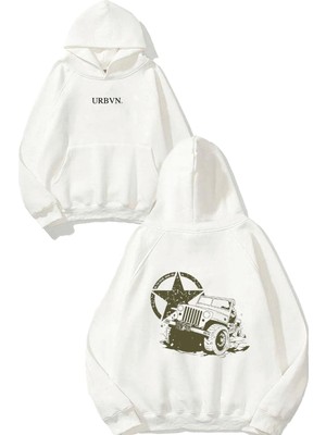 Urbvn War Car Tasarım Baskılı Oversize Beyaz Kapüşonlu Sweatshirt