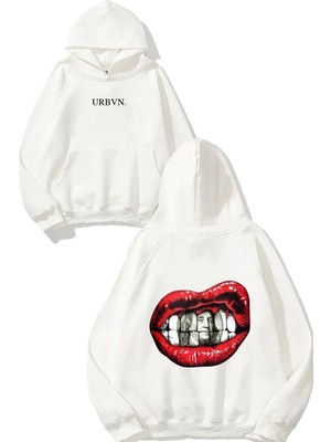 Urbvn Dollar Lip Tasarım Baskılı Oversize Beyaz Kapüşonlu Sweatshirt