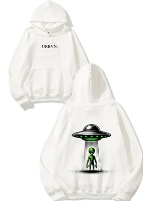 Urbvn Alien Green Tasarım Baskılı Oversize Beyaz Kapüşonlu Sweatshirt