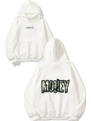 Urbvn Money Word Tasarım Baskılı Oversize Beyaz Kapüşonlu Sweatshirt