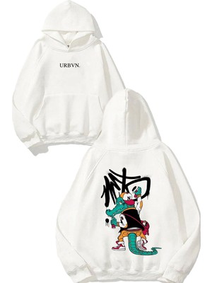 Urbvn Timsah Tasarım Baskılı Oversize Beyaz Kapüşonlu Sweatshirt