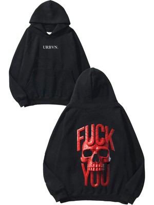 Urbvn Fck You Skull Tasarım Baskılı Oversize Siyah Kapüşonlu Sweatshirt