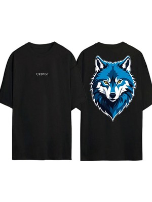 Urbvn Wolfs 8 Tasarım Baskılı Siyah Oversize T Shirt