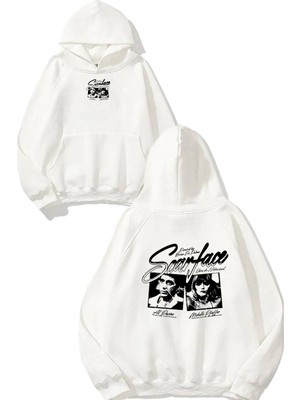 Urbvn Scarface 8 Tasarım Baskılı Oversize Beyaz Kapüşonlu Sweatshirt