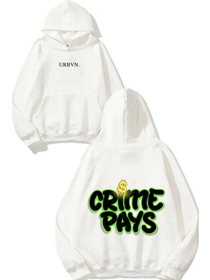 Urbvn Crime Pays Tasarım Baskılı Oversize Beyaz Kapüşonlu Sweatshirt