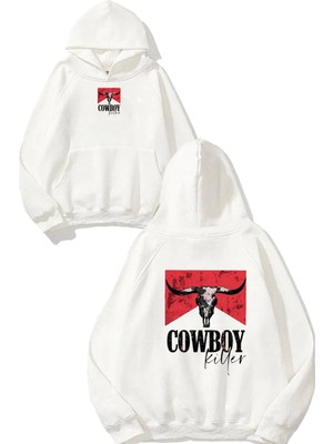 Urbvn Cowboy Killer Tasarım Baskılı Oversize Beyaz Kapüşonlu Sweatshirt