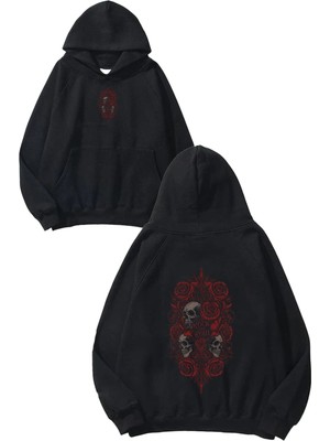 Urbvn Rock And Roll Rose Tasarım Baskılı Oversize Siyah Kapüşonlu Sweatshirt