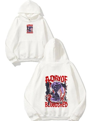 Urbvn Day Of Blood Tasarım Baskılı Oversize Beyaz Kapüşonlu Sweatshirt