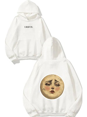 Urbvn Moon Girl 1 Tasarım Baskılı Oversize Beyaz Kapüşonlu Sweatshirt