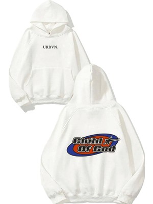 Urbvn Child God Tasarım Baskılı Oversize Beyaz Kapüşonlu Sweatshirt