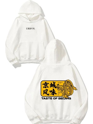 Urbvn Beijing Tasarım Baskılı Oversize Beyaz Kapüşonlu Sweatshirt