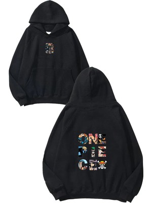 Urbvn One Piece Tasarım Baskılı Oversize Siyah Kapüşonlu Sweatshirt