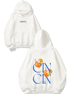 Urbvn Cin Tasarım Baskılı Oversize Beyaz Kapüşonlu Sweatshirt