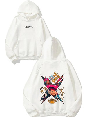 Urbvn One Piece x Tasarım Baskılı Oversize Beyaz Kapüşonlu Sweatshirt