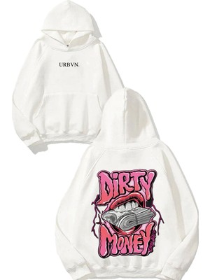 Urbvn Dirty Money Tasarım Baskılı Oversize Beyaz Kapüşonlu Sweatshirt