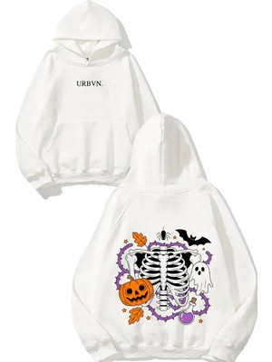 Urbvn Halloween Ghost Tasarım Baskılı Oversize Beyaz Kapüşonlu Sweatshirt