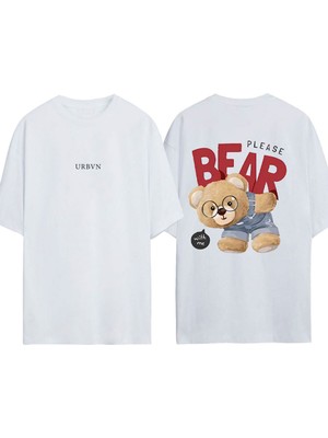 Urbvn Please Bear Tasarım Baskılı Beyaz Oversize T-Shirt