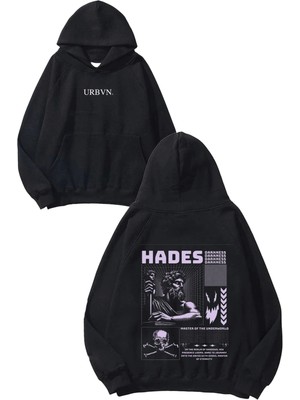 Urbvn Hades Darkness Tasarım Baskılı Oversize Siyah Kapüşonlu Sweatshirt
