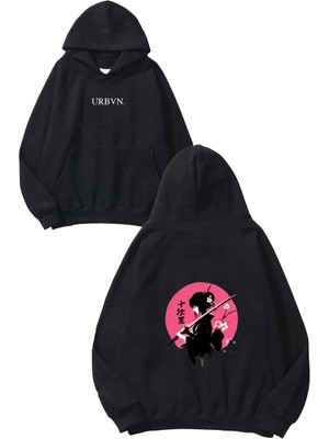 Urbvn Pink Samurai Tasarım Baskılı Oversize Siyah Kapüşonlu Sweatshirt