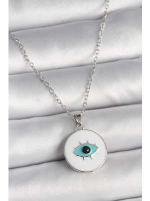 Vice Avm 316L Çelik Gümüş Renk Zincir Beyaz Mineli Turkuaz Göz İşleme Model Kadın Kolye  TG-VİCE9729 TG-V 8149
