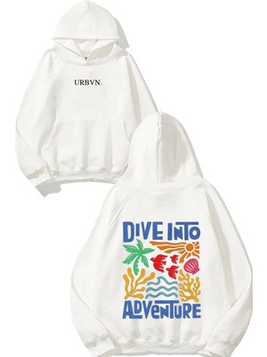 Urbvn Dive Into Tasarım Baskılı Oversize Beyaz Kapüşonlu Sweatshirt