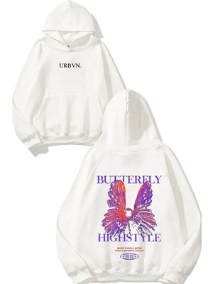 Urbvn Highstyle Butterfly Tasarım Baskılı Oversize Beyaz Kapüşonlu Sweatshirt