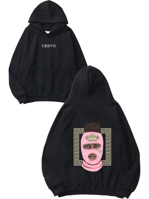 Urbvn Ghetto Pink Mask Tasarım Baskılı Oversize Siyah Kapüşonlu Sweatshirt