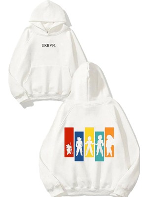 Urbvn Fighters Anime Tasarım Baskılı Oversize Beyaz Kapüşonlu Sweatshirt