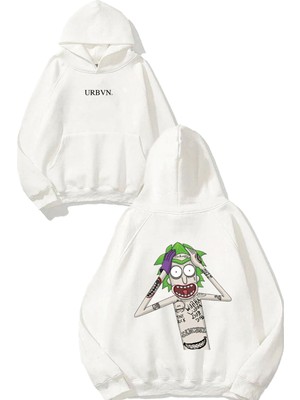 Urbvn Joker Rick Tasarım Baskılı Oversize Beyaz Kapüşonlu Sweatshirt