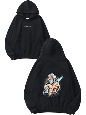 Urbvn Titan God Tasarım Baskılı Oversize Siyah Kapüşonlu Sweatshirt